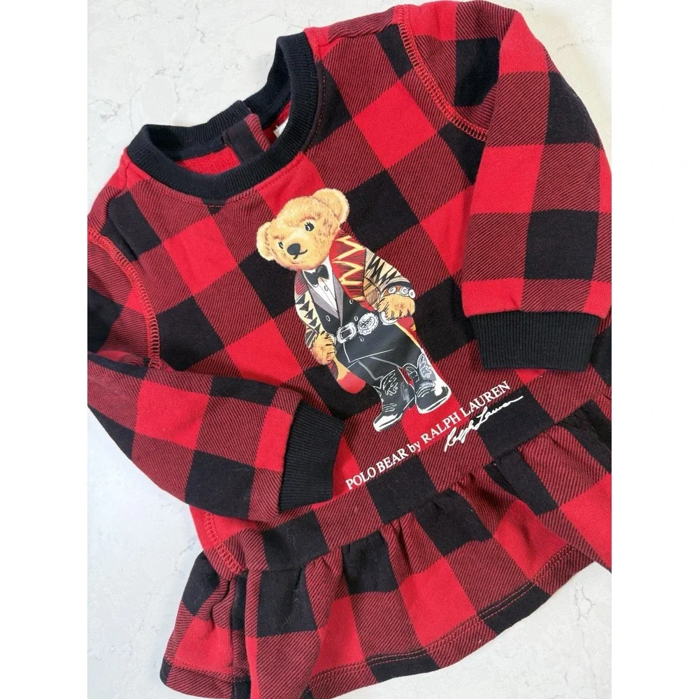 Ralph Lauren Polo Baby Girl Bear Top Dress Red Black Flannel Buffalo Check 12M
